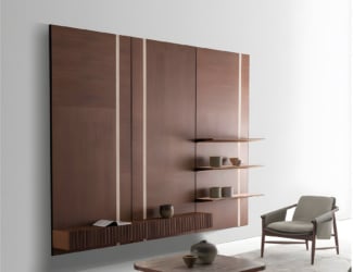 Walnut wood modular wall panel with open shelving and storage unit